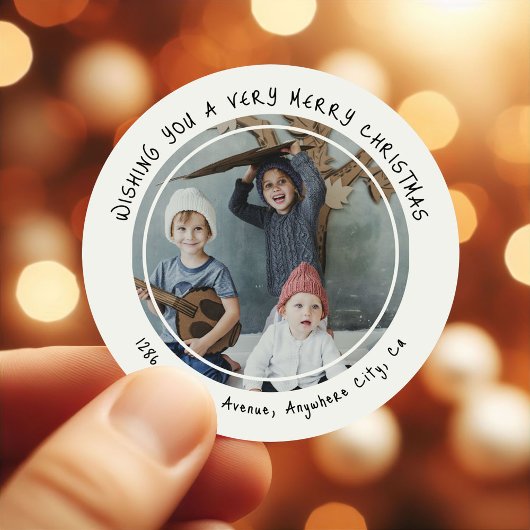 Aangepaste Familiefoto Kerstretouradres Ronde Sticker
