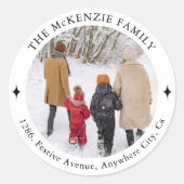 Aangepaste Familiefoto Kerstretouradres Ronde Sticker (Voorkant)