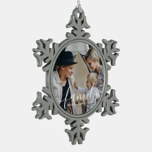 Aangepaste familiefoto met aangepaste naam tin sneeuwvlok ornament (Links)