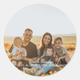 Aangepaste familiefoto met aangepaste namen ronde sticker