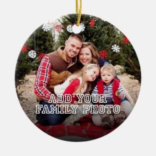 Aangepaste Familiefoto met kerstcitaat Keramisch Ornament (Voorkant)