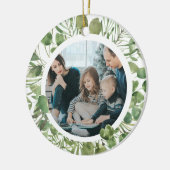 Aangepaste Familiefoto Naam Kerst Eucalyptus Keramisch Ornament (Links)