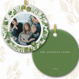 Aangepaste Familiefoto Naam Kerst Eucalyptus Keramisch Ornament