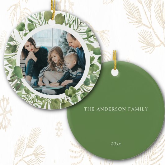 Aangepaste Familiefoto Naam Kerst Eucalyptus Keramisch Ornament