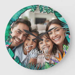 Aangepaste familiefoto naam tropische waterverf grote klok