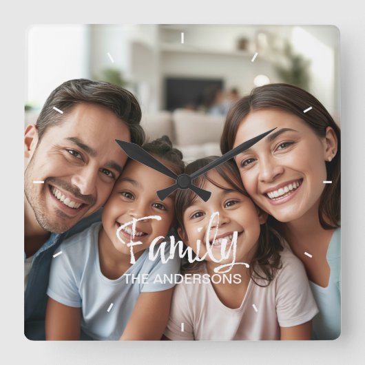 Aangepaste familiefoto trend scriptnaam gepersonal vierkante klok (Voorkant)