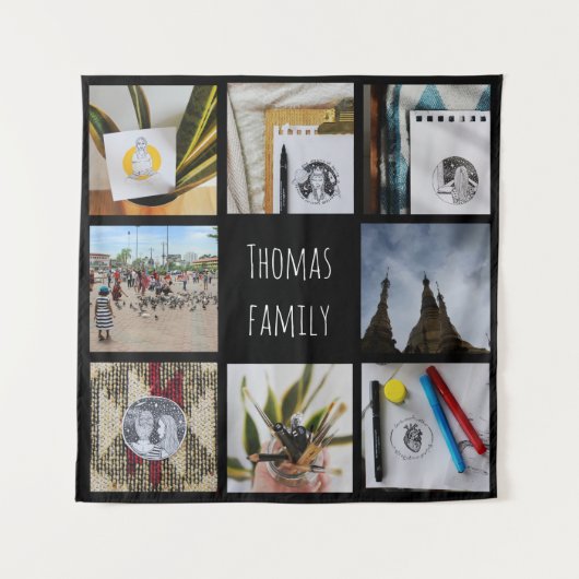 Aangepaste familiefoto's en naam Instagram-collage Wandkleed (Voorkant)