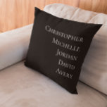 Aangepaste Familieleden Namen Zwart Wit Modern typ Kussen<br><div class="desc">Voeg een persoonlijk tintje toe aan uw interieur met dit Custom Family Member Names Black & White Modern Type Accent Pillow. Met een strak minimalistisch ontwerp in klassiek zwart en wit, is dit kussen de perfecte manier om de namen van uw dierbaren te laten zien in een stijlvol, modern lettertype....</div>