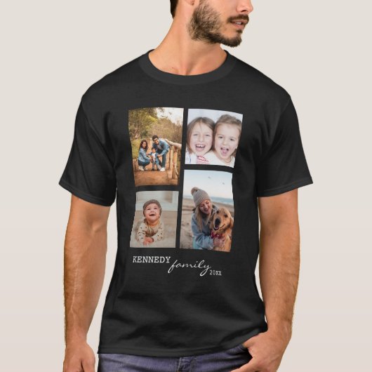 Aangepaste familienaam 4 Foto Collage Black T-shirt (Voorkant)