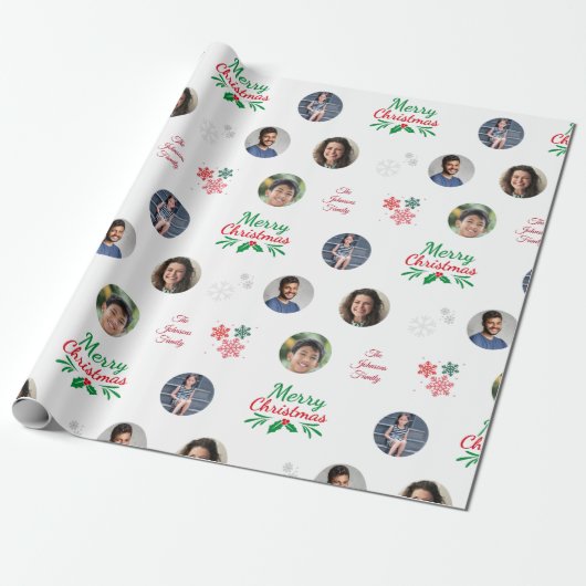 Aangepaste familienaam 4 Foto Collage Funny Kerstm Cadeaupapier (Uitgerold)