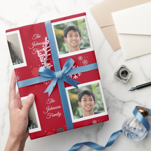 Aangepaste familienaam & 5 foto met kerstfeestjes cadeaupapier (Geschenken)