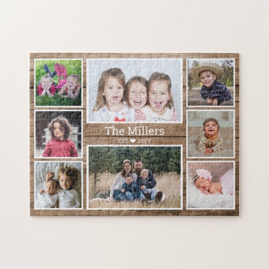 Aangepaste familienaam 8 Foto Collage Rustic Wood Legpuzzel (Horizontaal)