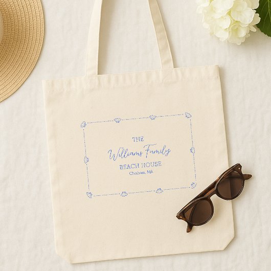 Aangepaste familienaam Beach House Coastal Blue Sh Tote Bag