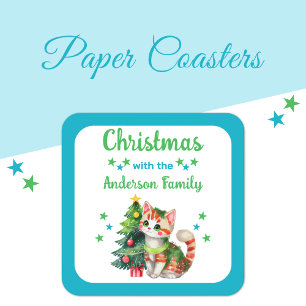 Aangepaste familienaam boom en kat blauw Kerstmis Kartonnen Onderzetters