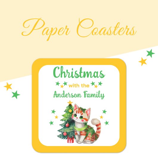 Aangepaste familienaam boom en kat geel Kerstmis Kartonnen Onderzetters