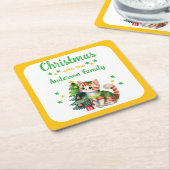 Aangepaste familienaam boom en kat geel Kerstmis Kartonnen Onderzetters (Schuin)