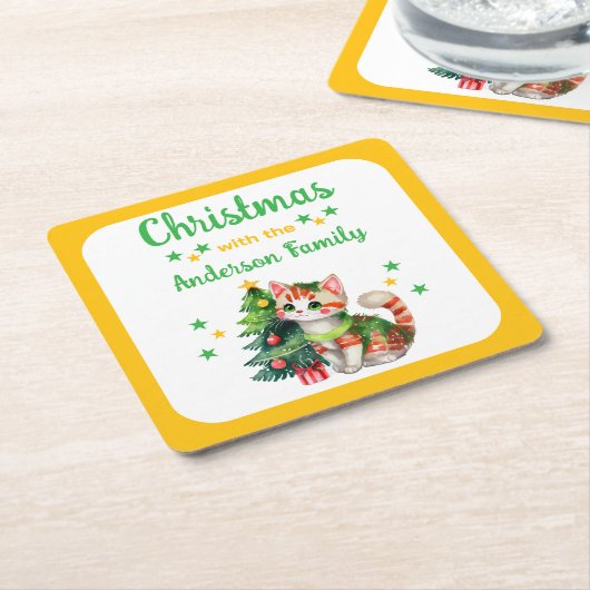 Aangepaste familienaam boom en kat geel Kerstmis Kartonnen Onderzetters (Schuin)