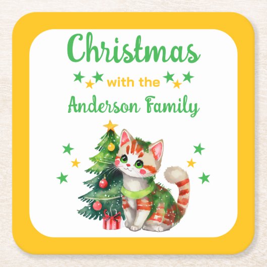 Aangepaste familienaam boom en kat geel Kerstmis Kartonnen Onderzetters (Voorkant)