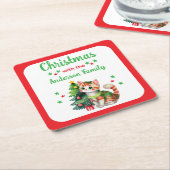 Aangepaste familienaam boom en kat rode kerst kartonnen onderzetters (Schuin)