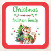 Aangepaste familienaam boom en kat rode kerst kartonnen onderzetters (Voorkant)
