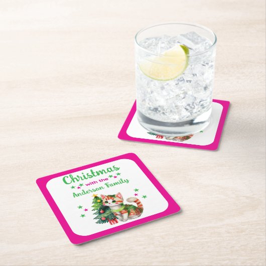 Aangepaste familienaam boom en kat roze Kerstmis Kartonnen Onderzetters (Insitu)