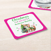 Aangepaste familienaam boom en kat roze Kerstmis Kartonnen Onderzetters (Schuin)