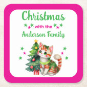 Aangepaste familienaam boom en kat roze Kerstmis Kartonnen Onderzetters (Voorkant)