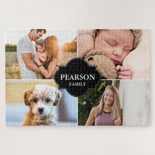 Aangepaste familienaam en 4 foto's legpuzzel (Horizontaal)