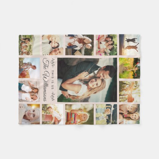 Aangepaste familienaam Foto Collage Modern Blush P Fleece Deken (Voorkant (Horizontaal))
