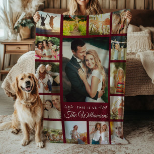 Aangepaste familienaam Foto Collage Modern Burgund Fleece Deken