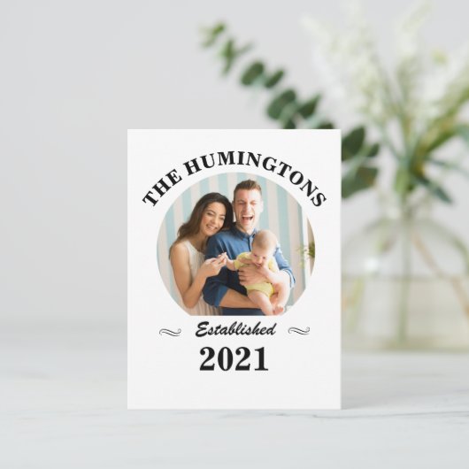 Aangepaste familienaam, foto en oprichtingsjaar  briefkaart (Staand voorkant)