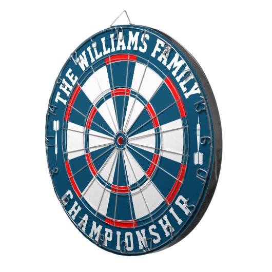 Aangepaste familienaam gepersonaliseerd blauw rood dartbord (Voorkant Rechts)