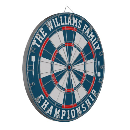 Aangepaste familienaam gepersonaliseerd blauw rood dartbord (Voorkant Links)