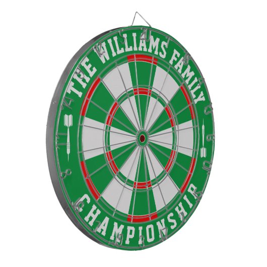 Aangepaste familienaam gepersonaliseerd groen wit dartbord (Voorkant Links)