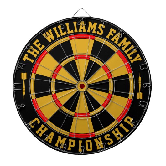 Aangepaste familienaam gepersonaliseerd zwart goud dartbord (Voorkant)