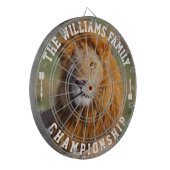 Aangepaste familienaam gepersonaliseerde leeuw fot dartbord (Voorkant Links)