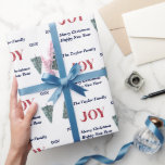 Aangepaste familienaam JOY Christmas Tree Cadeaupapier<br><div class="desc">Onze aangepaste familienaam JOY Christmas Tree Wrapping Paper is de perfecte manier om een feestelijke touch aan uw geschenken toe te voegen dit vakantieseizoen. Het hoogwaardige papier heeft een prachtig rood, blauw en groen ontwerp met kerstbomen, persoonlijke groeten en uw familienaam, waardoor het een geweldige keuze is voor het inpakken...</div>