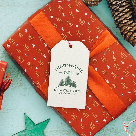 Aangepaste Familienaam Kerstboom Boerderij Retro Cadeaulabel