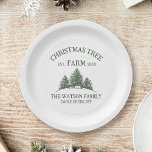 Aangepaste Familienaam Kerstboom Boerderij Retro Papieren Bordje<br><div class="desc">Serveer uw vakantie traktaties op deze feestelijke papieren borden! Met uw familienaam en een retro kerstboom boerderij ontwerp in salie groen,  ze zijn ideaal voor het toevoegen van een persoonlijke touch aan uw vakantie maaltijden en feesten.</div>