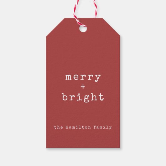 Aangepaste familienaam Merry + Bright Christmas Cadeaulabel (Voorkant)
