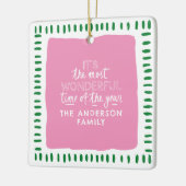 Aangepaste Familienaam Modern Roze & Groene Kerstm Keramisch Ornament (Links)