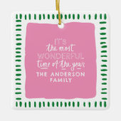 Aangepaste Familienaam Modern Roze & Groene Kerstm Keramisch Ornament (Voorkant)