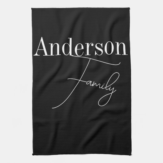 Aangepaste familienaam Modern Zwart-wit Theedoek (Verticaal)