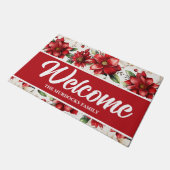 Aangepaste familienaam Monogram Rood Bloemen Kerst Deurmat (Schuin)