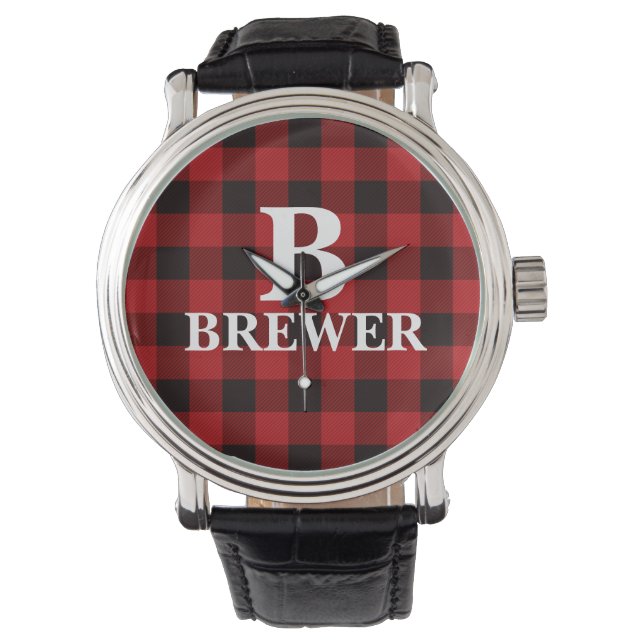 Aangepaste familienaam Red Tartan Watch Horloge (Voorkant)