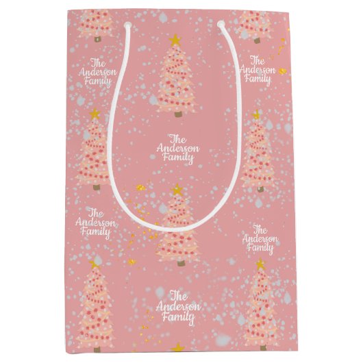 Aangepaste familienaam Roze kerstbomen Modern Medium Cadeauzakje (Voorkant)