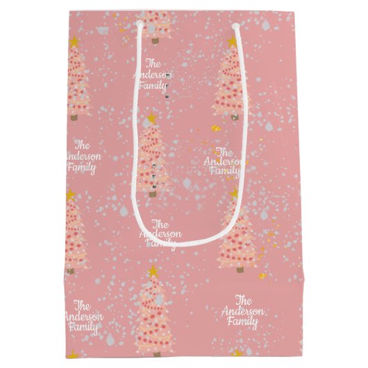 Aangepaste familienaam Roze kerstbomen Modern Medium Cadeauzakje (Achterkant)