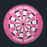 Aangepaste Familienaam Roze Zwart Dartbord<br><div class="desc">Personaliseer dit roze en zwarte dartbord met uw familienaam en speelkamer of vastgestelde datum,  enz. Ontworpen voor u door Blackberry Boulevard.</div>