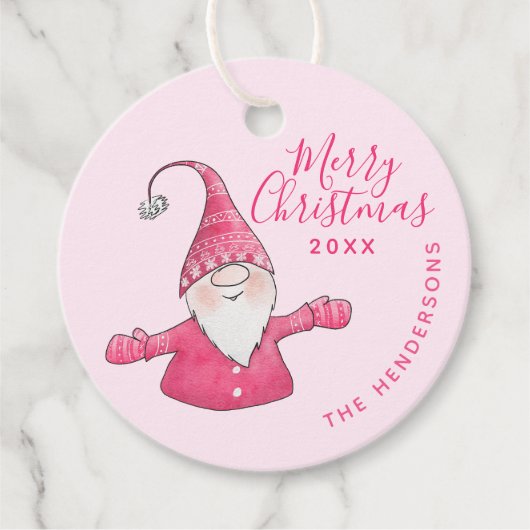 Aangepaste familienaam Schattige Gnome Pink Merry Bedankjes Labels (Voorkant)