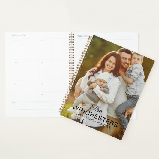 Aangepaste familienaam tekst en jaar twee foto planner (Display)